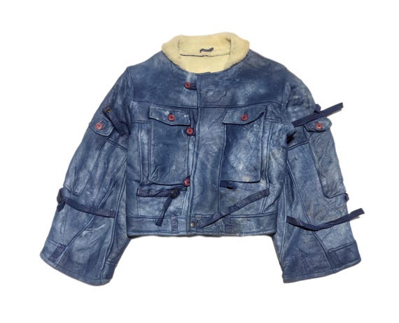 Antique Blue Shearling Sheepskin Jacket, Size L