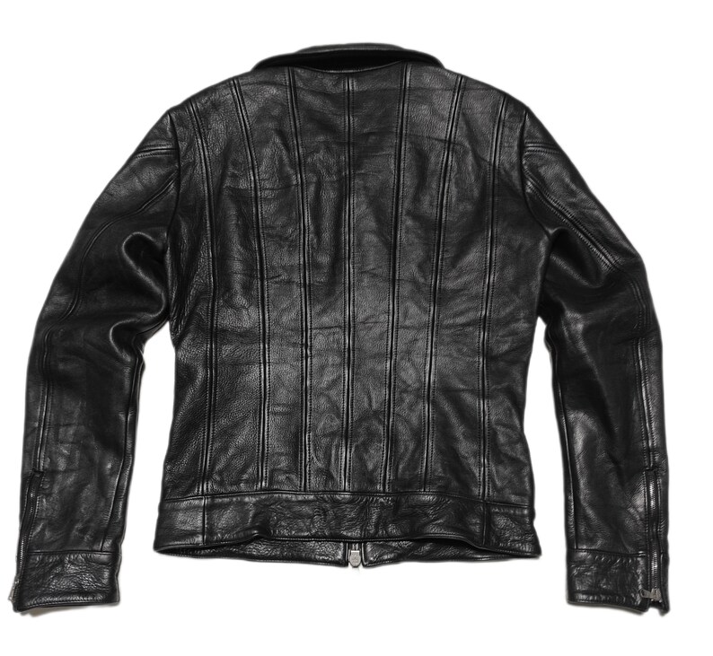 May include: A black leather jacket with a zipper closure and a classic design.