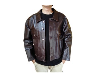 Brown Leather Trucker Jacket, Like New Condition