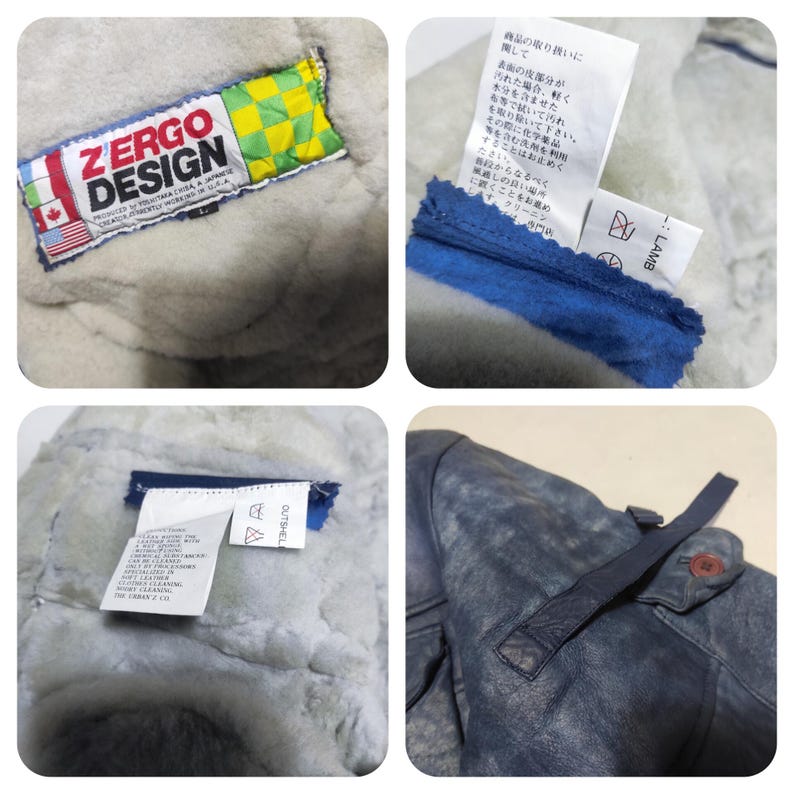 Op de afbeelding: Close-up shots van een ZERGO DESIGN jas. De jas heeft een blauwe leren buitenkant met een knoopsluiting en een zachte, lichtgekleurde binnenkant. Labels met tekst en wasvoorschriften zijn zichtbaar.