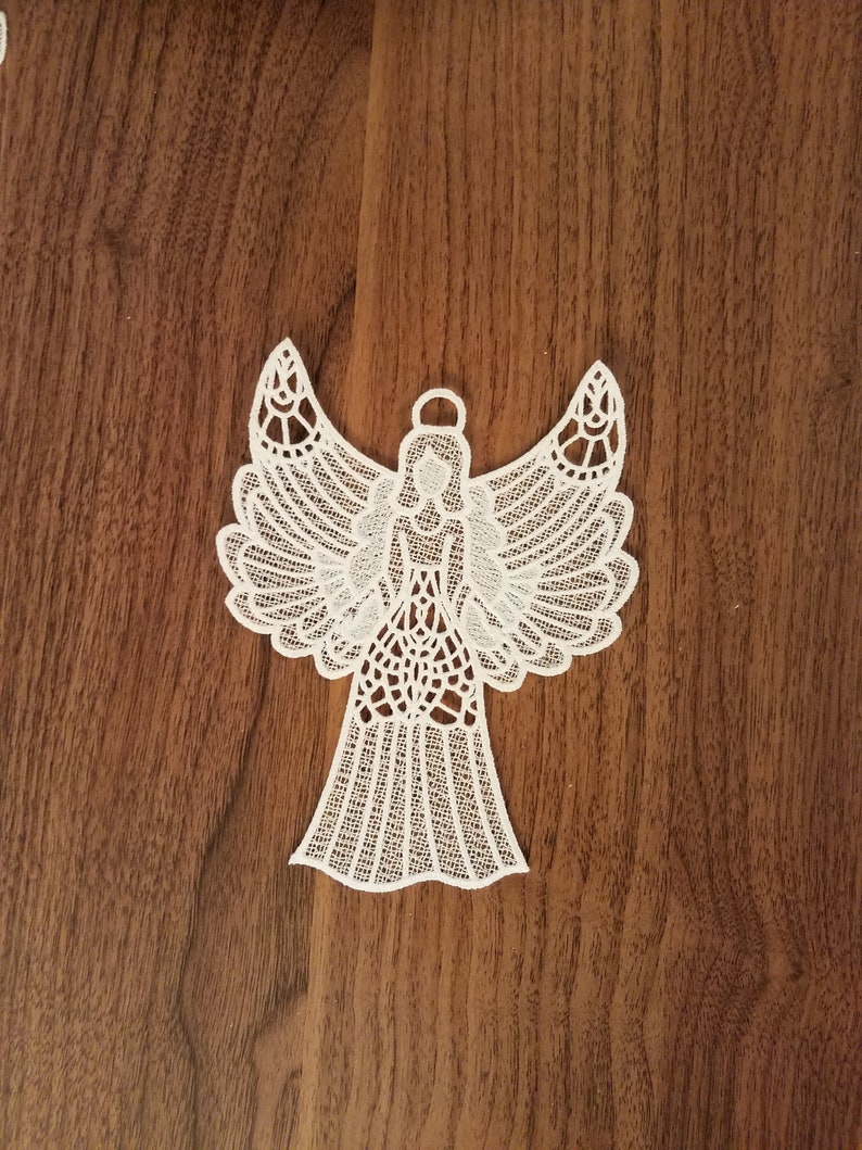 Large free standing lace angel ornament Christmas card insert gift ornament FSL machine embroidered