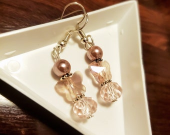 Cute Butterfly Glass Crystal Earrings with Pink Pearl Handmade
