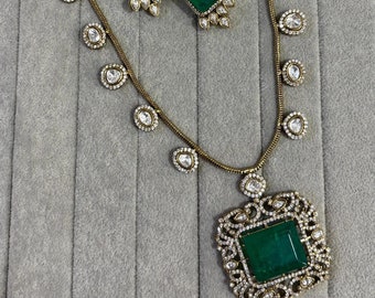 Uncut Diamond Kundan Polki Necklace, Victorian Finish AD Jewelry Set, Doubled Stone Necklace ,Indian Wedding Jewelry