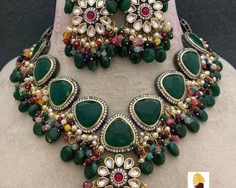 Handmade Kundan Choker: Emerald Indian Necklace, Bollywood Jewelry