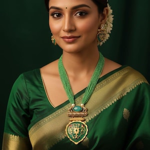 Bollywood Rani Haar Necklace: Indian Long Necklace, Green Set