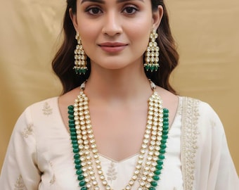 Bridal Kundan Long Necklace Set • Multi-Layer Green Beaded Raani Haar • Indian Wedding Jewelry