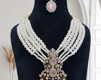 Multi Strand Pearl Necklace Set, Victorian Polki Pendant Jewelry, Indian Bridal Accessory,