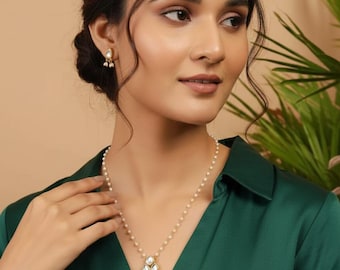 Elegant Pearl Necklace & Earring Set | Kundan Pendant Jewelry |Wedding Gift for Her
