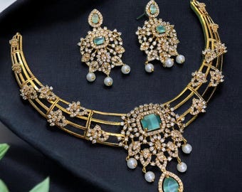 Sabyasachi Inspired Designer kundan Set, Green Kundan Choker, Kundan Bridal Choker Set, Customizable Kundan Bridal Sets, Royal Kundan Sets