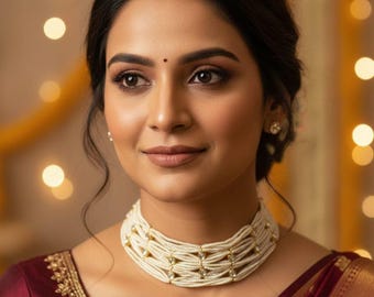 Multi-Layer Pearl Choker Necklace • Kundan Polki  Choker • Indian Bridal Jewelry •