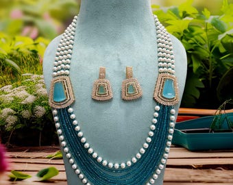 Kundan Long Necklace Mala: Green Semiprecious Stone, Indian Jewelry