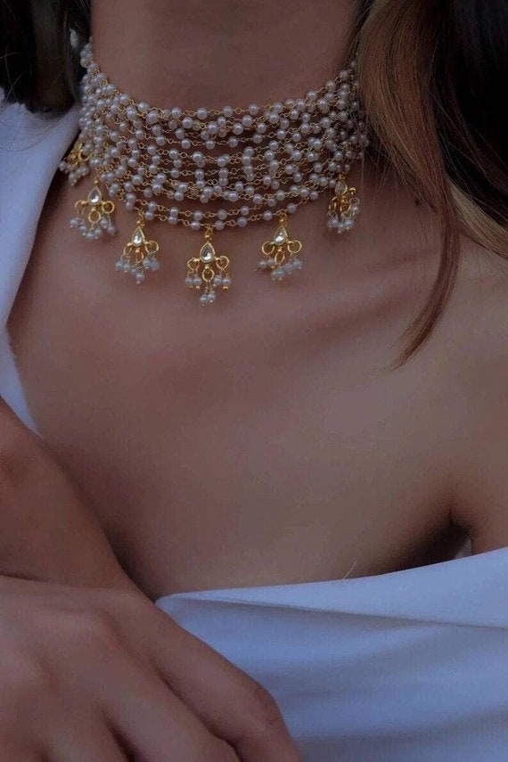 Handmade Long Pearl Necklace Set, Indian Wedding Jewelry, Kundan Necklace, Rajputi Jewelry