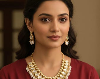 Pearl Drop Kundan Choker Necklace Set | Indian Bridal Jewelry | Gold Plated Wedding Necklace