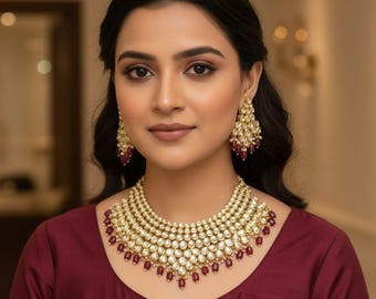 Bridal Kundan Necklace Set | Indian Wedding Jewelry | Polki Choker with Ruby Red Beads