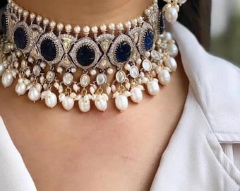 Conjunto de gargantilla Kundan: Polki, turquesa y perlas - Incluye pendientes y tika