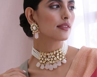 Kundan Pearl Choker Set, Pink Drop Bridal Jewelry, Polki Necklace, Indian Wedding Accessory,