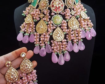 Joyería nupcial inspirada en Sabyasachi, collar largo Kundan, joyería nupcial india multicolor, pendientes grandes a juego