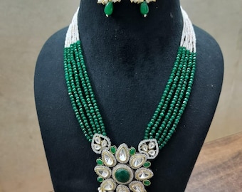 Green Kundan Necklace: Indian Polki Jewelry with Ruby Beads