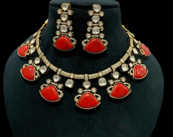 Red Kundan Necklace Set: Polki Style Indian Jewelry