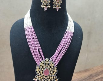 Kundan Polki Necklace: Indian Ruby Bead Mala with Earrings
