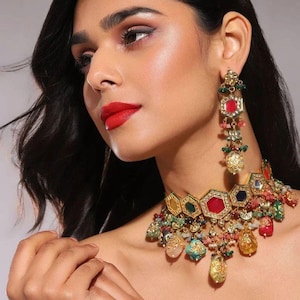 Parure de collier ras-de-cou Kundan inspirée de Sabyasachi, bijoux de mariée multicolores