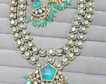 Kundan Necklace Set: Uncut Polki, Emerald, Indian Wedding Jewelry