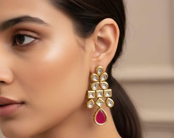 Gold Plated Kundan Earrings with Red Drop Stone | Indian Bridal Jewelry | Traditional Wedding Earrings