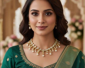 Kundan Pearl Necklace Set | Gold Plated Choker for Wedding | Indian Bridal Jewelry