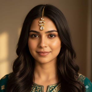 May include: A gold-coloured headpiece with clear, teardrop-shaped gemstones is worn on the forehead. The headpiece is attached to a delicate chain that sits atop the head. The woman in the image has dark hair and is wearing a green and gold outfit.