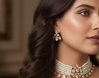 Kundan Pearl Choker Necklace Set | Indian Bridal Jewelry | Traditional Wedding Necklace