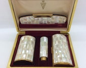 Vintage Kigu Mother of Pearl Cased Compact,Cigarette Case , Lipstick Case and Comb Set