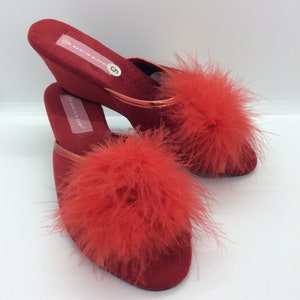 Vintage retro Red boudoir Slippers with feather Front detail size 5 Uk