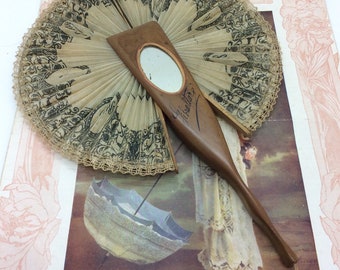 Antique Retractable Cockade Hand fan with Mirror and hand painted Detail