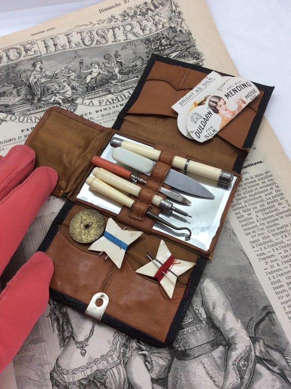 Antique Manicure and Sewing tools in leather Pouch