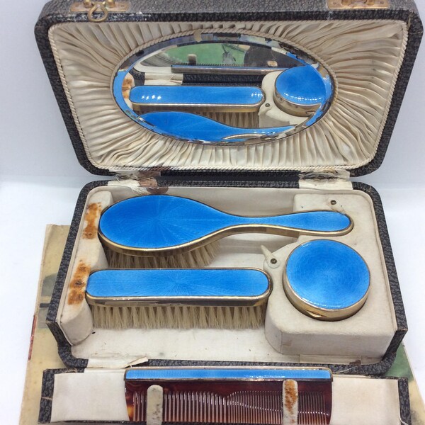 Beautiful Antique Victorian cased Bright Blue Enamelled Vanity Travel Set