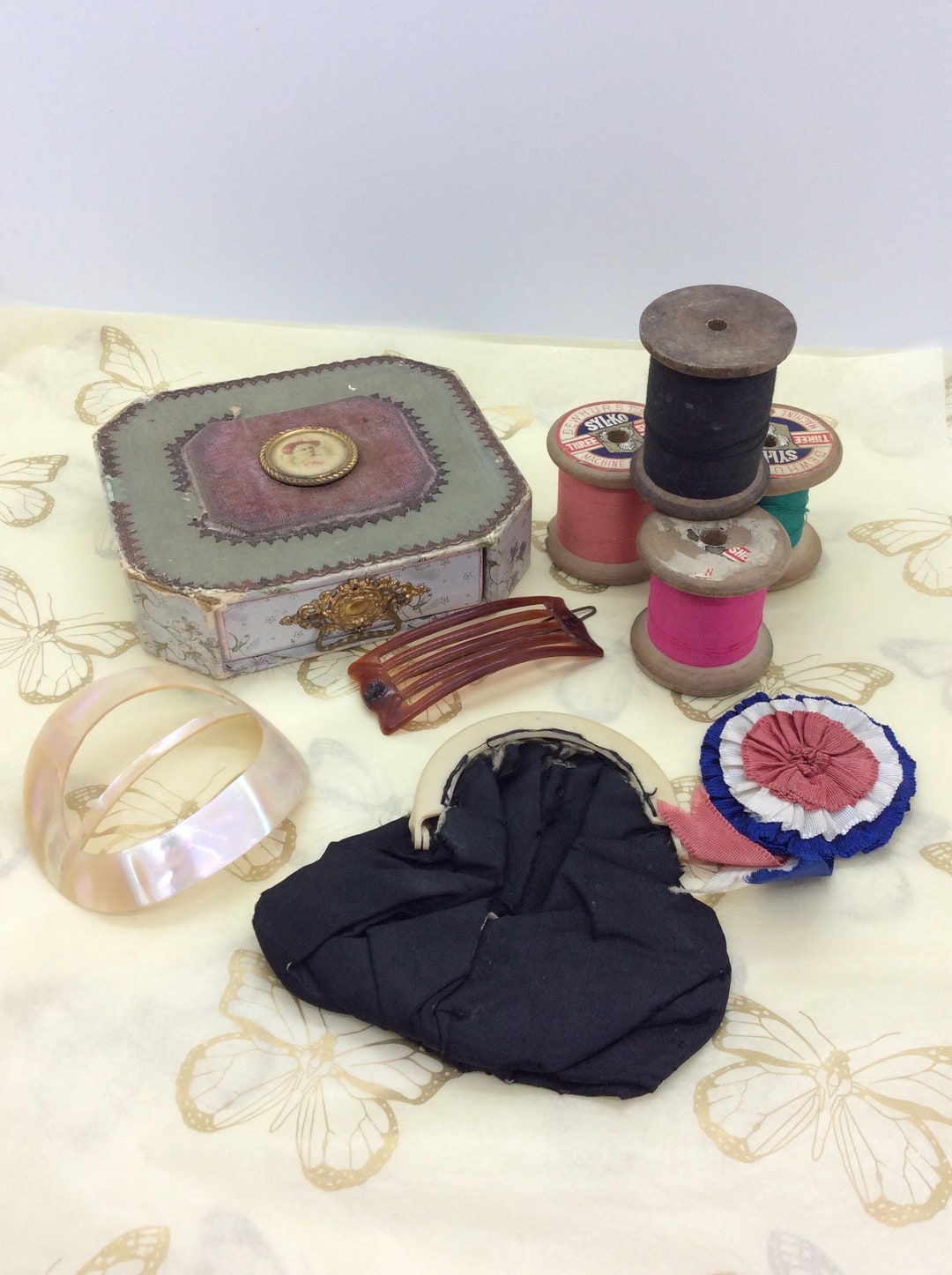 Vintage Curious and Collectors Lot MOP Belt Buckle , Cotton Reels Etc ...
