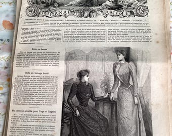 May include: An antique French fashion magazine page from 1891, featuring detailed illustrations of women's dresses. The black and white drawings showcase elegant gowns with intricate designs and textures, reflecting the style of the era. The magazine's title, "LA MODE ILLUSTREE", is prominently displayed.