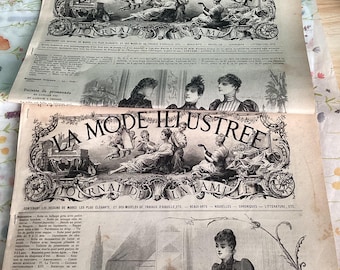 May include: Antique French fashion magazine pages from 1891, featuring detailed illustrations and text. The pages display the title "LA MODE ILLUSTREE" with ornate decorative elements. The magazine includes drawings of elegant fashion designs and articles.