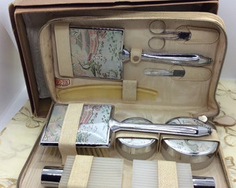 Trousse de toilette de voyage Two Tix pour femmes, vintage des années 40, avec miroir, brosse et bocaux dans une boîte d'origine