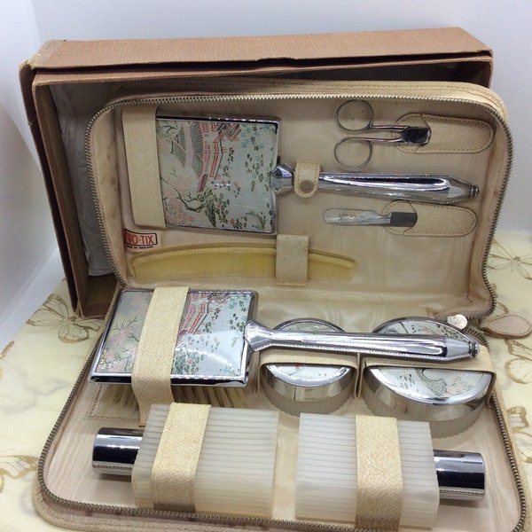 Vintage 1940s Ladies Two Tix Travel Vanity Case complete with mirror,brush and vanity Jars in Orginal box