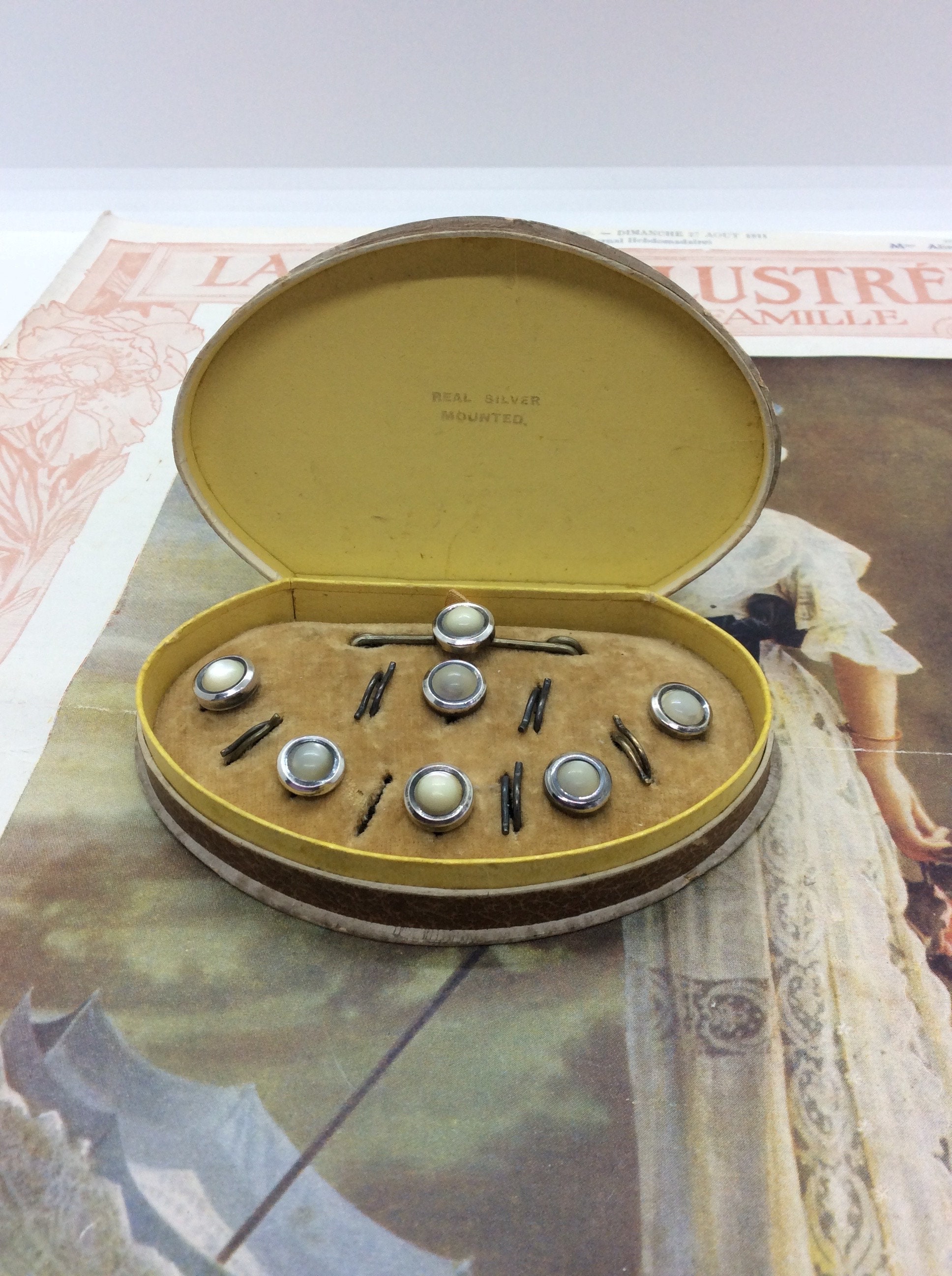 Antique Boxed Set Sterling Silver and Pearl Dress Set of Buttons