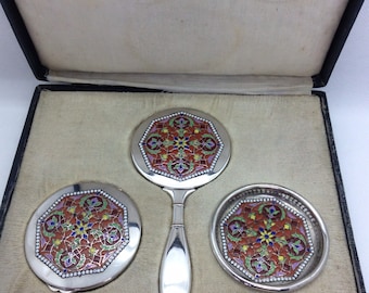 Antique very rare Art Deco beautiful Enamelled Cased Powder compact Alpacca silver Vanity Set 1920s