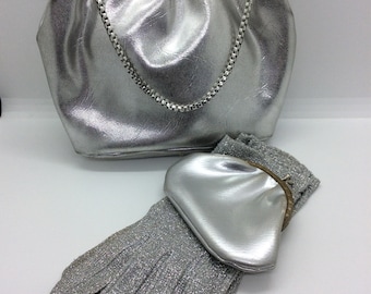 Vintage Silver Evening bag and Purse,with Vintage Silver  Evening Gloves