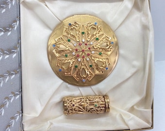 Beautiful Vintage Melissa Boxed Powder Compact  and lipstick set in original book shape box