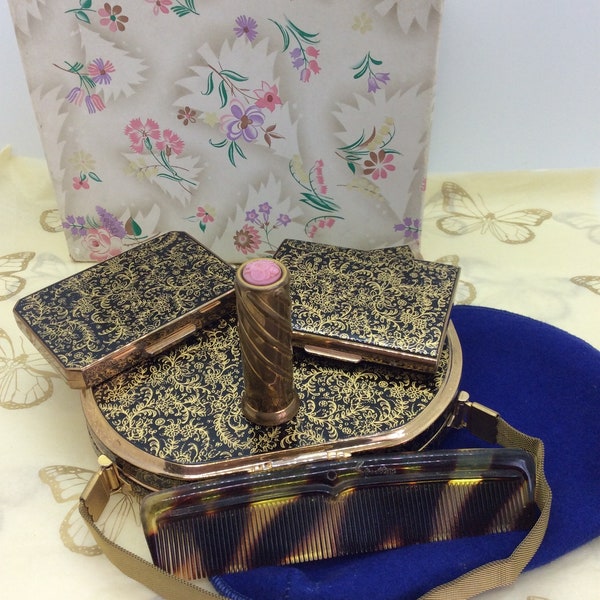 Vintage Stratton Party Case with Powder Compact and Cigarette Case,Comb and lipstick case .