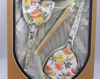 Vintage Kitch Schminktisch-Set aus Bürste und Spiegel