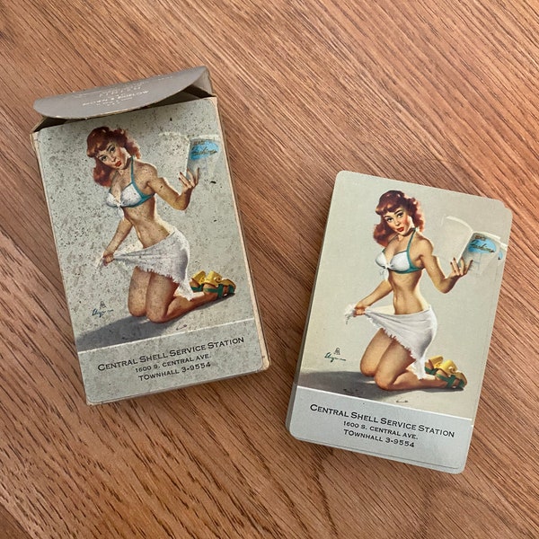 1940s Nudie Playing Cards - Gil Elvgren - Petrolina  - gas station advertising - original pin up - Shell Gasoline Ad .
