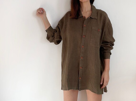 vintage FLAX oversized linen button down brown shi