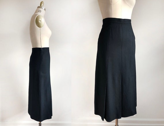vintage pleated wool midi skirt | 70s | black woo
