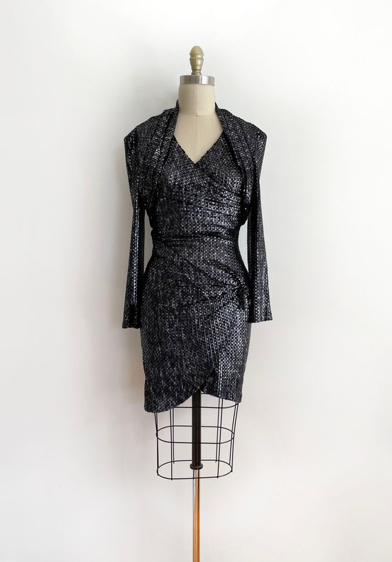 Vintage Janine black metallic cocktail mini dress… - image 2